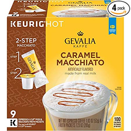 GEVALIA Caramel Macchiato, K-CUP Pods and Froth Packets, 36 Count (4 Boxes of 9)