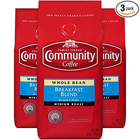Community Coffee Breakfast Blend Medium Roast Premium Whole Bean 12 Oz Bag (3 Pack), Medium Full Body Smooth Bright Taste, 100% Select Arabica Coffee Beans