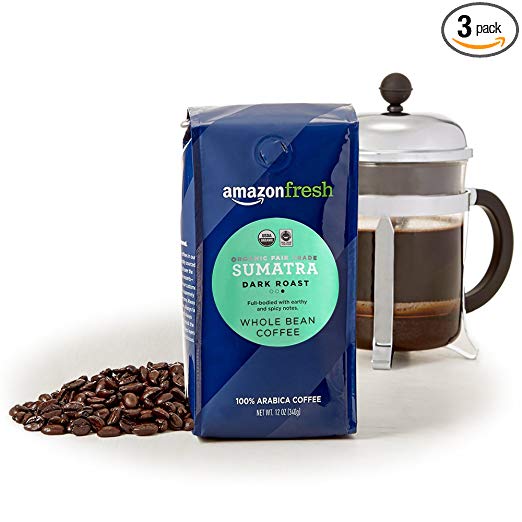 AmazonFresh Organic Fair Trade Sumatra Whole Bean Coffee, Dark Roast, 12 Ounce (Pack of 3)