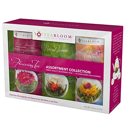 Teabloom Flowering Tea Assortment Collection Gift Box - 36 Gourmet Blooming Teas in 3 Beautiful Canisters - Includes 12 Heart-Shaped Tea Flowers, 12 Fruit Tea Flowers and 12 Jasmine Green Tea Flowers