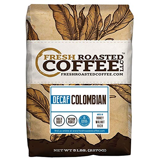 100% Colombian SWP Decaf Coffee, Whole Bean, Swiss Water Processed Decaf Coffee, Fresh Roasted Coffee LLC. (5 lb.)