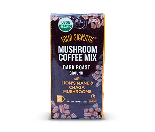 Four Sigmatic Mushroom Ground Coffee - USDA Organic and Fair Trade Coffee with Lions Mane and Mushroom Powder - Focus, Wellness - Vegan, Paleo - 12 Count - Dark Roast