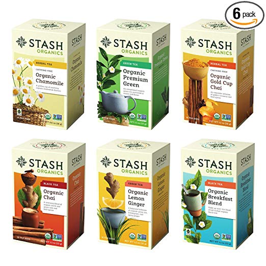 Stash Tea Organic Tea Six Flavor Assortment 18 Count Tea Bags in Foil (Pack of 6) Individual Tea Bag Variety Pack, Use in Teapots Mugs or Cups, Brew Hot Tea or Iced Tea