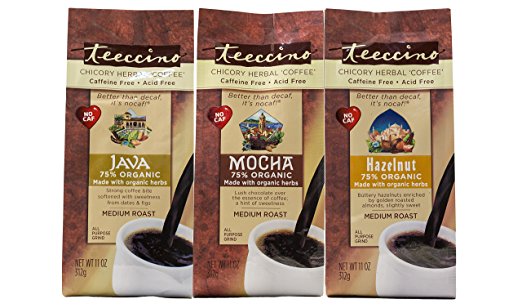 Teeccino Chicory Herbal Coffee Variety Pack (Java, Mocha, Hazelnut), Caffeine Free, Acid Free, Coffee Alternative, Prebiotic, 11 Ounce (Pack of 3)