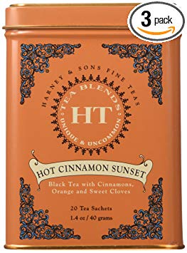 Harney & Sons Caffeinated Hot Cinnamon Sunset Black Tea with Orange and Cloves Tin 20 Sachets - Pack of 3