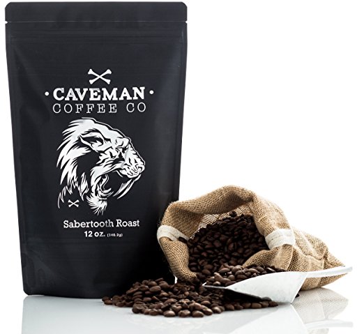 Caveman Coffee Sabertooth, Dark Roast Coffee, Single Origin Blend, Certified Paleo, Swiss Water Process, Keto, Whole Bean, 12oz