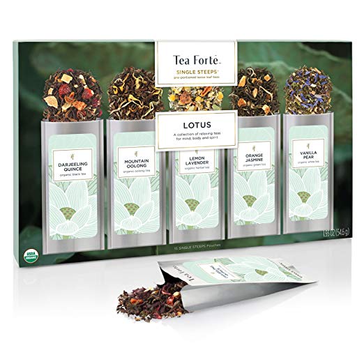 Tea Forté SINGLE STEEPS Lotus Loose Leaf Tea Sampler, Assorted Variety Tea Box, 15 Single Serve Pouches – Black Tea, Green Tea, Oolong Tea, White Tea, Herbal Tea