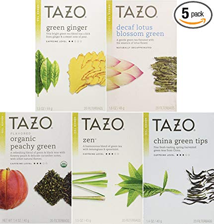 Tazo Green Tea Energizing 5 Flavor Variety Pack Sampler (Pack of 5, 100 Bags Total)