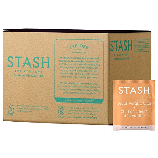 Stash Tea Decaf Vanilla Chai Black Tea 100 Count Box of Tea Bags in Foil (packaging may vary) Individual Decaffeinated Black Tea Bags for Use in Teapots Mugs or Cups, Brew Hot Tea or Iced Tea