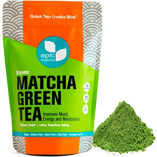 Epic Matcha Organic Green Tea Powder - 4oz/113g (48 servings) - Culinary Grade, Non-GMO, Vegan, Unsweetened - Best for Smoothies, Lattes, Drinks, Baking, Cooking, and Desserts