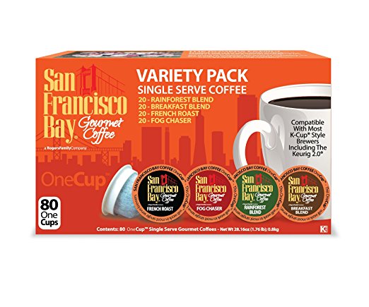 San Francisco Bay OneCup Variety Pack Coffee (80 Count) OneCup For K-cup Brewer - Caffeinated - Breakfast Blend Rainforest Fog Chaser French Roast Single Serve Coffee Pods