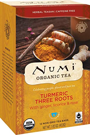 Numi Organic Turmeric Tea Three Roots, (Pack of 3 Boxes) 12 Bags Per Box, Organic Turmeric Blended with Ginger, Licorice & Rose in Non-GMO Biodegradable Tea Bags, Caffeine Free