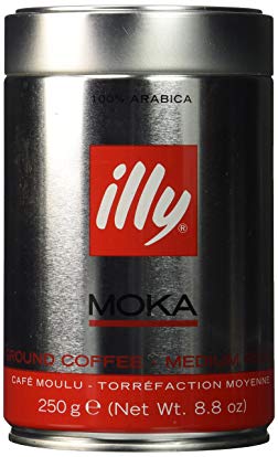 Illy MOKA stovetop, medium grind, ground espresso coffee, six 8.8oz cans.