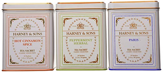 Harney & Sons Fine Tea Sachet Collection - Hot Cinnamon Spice 1.4 Ounce, Peppermint Herbal 1.2 Ounce, and Paris 1.4 Ounce - Classic Tin of 20 Sachets - 3-Pack