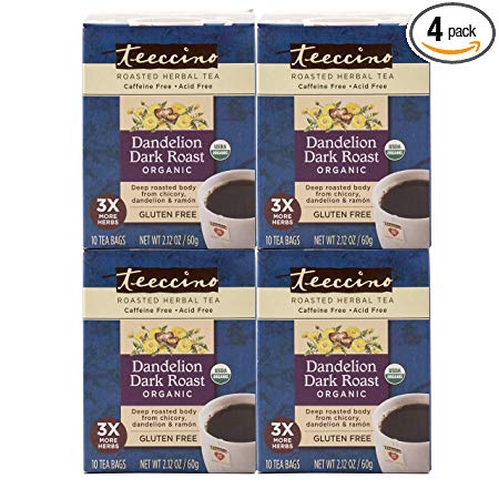 Teeccino Dandelion Dark Roast Organic Dandelion Root Roasted Herbal Tea, Caffeine Free, Gluten Free, Acid Free, Prebiotic, 10 Tea Bags (Pack of 4)