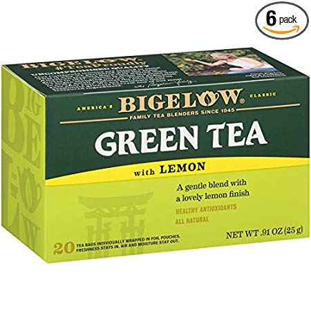 Bigelow Green Tea with Lemon Tea Bags 20-Count Boxes (Pack of 6) Caffeinated Individual Green Tea Bags, for Hot Tea or Iced Tea, Drink Plain or Sweetened with Honey or Sugar