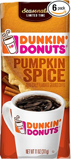 Dunkin' Donuts Pumpkin Spice Flavored Ground Coffee, Seasonal Limited Time, 11 Ounce (Pack of 6)