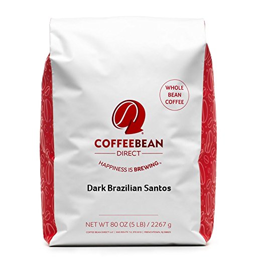 Coffee Bean Direct Dark Brazilian Santos, Dark Roast, Whole Bean, 5 Pound