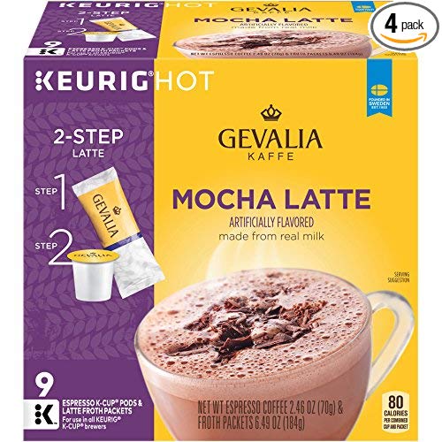 GEVALIA Mocha Latte, K-CUP Coffee Pods and Froth Packets, 36 Count (4 boxes of 9)