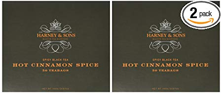 Harney & Sons Hot Cinnamon Spice - Spicy Black Tea with Orange Peel, 3 Types of Cinnamon, and Sweet Cloves - 50 Foil-Wrapped Tea Bags, Pack of 2