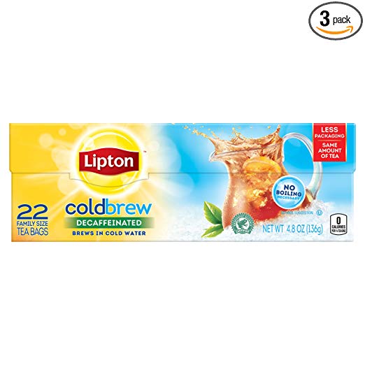 Lipton Black Iced Tea Bags, Cold Brew Decaffeinated Family Size,22 Count,4.8 Oz (Pack of 3)