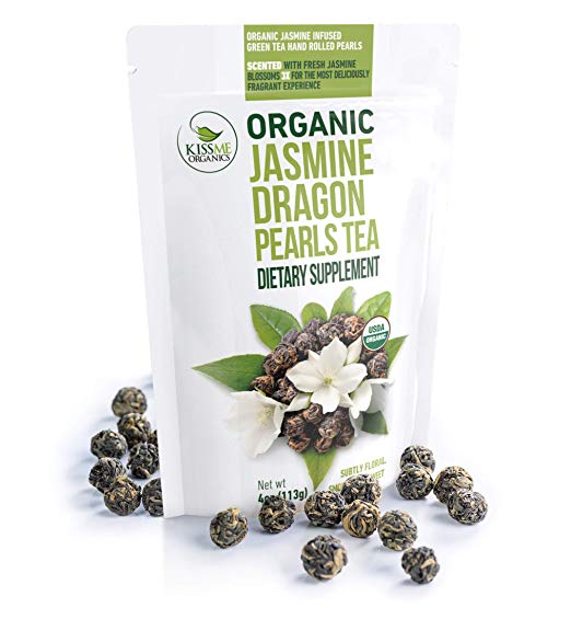 Jasmine Dragon Pearls Green Tea - Premium Flavor Organic Tea Jasmine Pearls Loose Leaf Tea Hand Rolled - 4 ounces / 113 grams