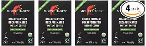 Mount Hagen Organic Instant Decaffeinated Coffee, 25-Count Single Serve Sticks (Pack of 4)