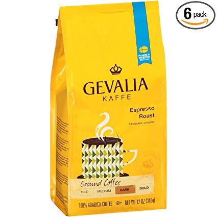 Gevalia Espresso Blend Coffee, Dark Roast, Ground, 12 Ounce Bag (Pack of 6)