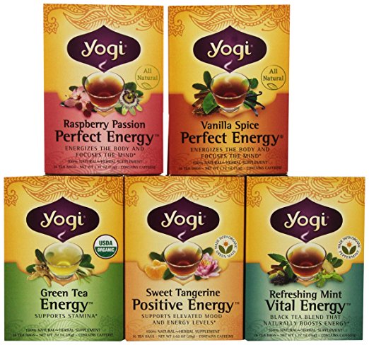 Yogi Tea Favorites - Perfect Energy 5 Flavor Variety Pack - 16 Tea Bags Each Box (Pack of 5)