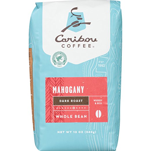 Caribou Coffee, Mahogany Dark Roast, Whole Bean, 12 oz. Bag, Dark Roast Blend of El Salvador, Sumatra, & Guatemala Coffee Beans, Earthy, Dark, & Bold, with A Raw Sugar Finish; Sustainable Sourcing