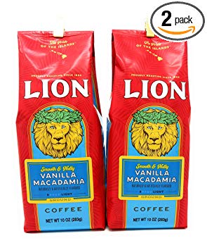 Hawaii Lion Coffee Vanilla Macadamia Ground Two 10 Ounce Bags in Crush Proof Corrugated Mailer Smooth & Nutty