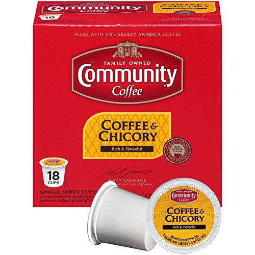 Community Coffee and Chicory Medium Dark Roast Single Serve 18 Ct Box, Compatible with Keurig 2.0 K Cup Brewers, Full Body Rich Flavorful Taste, 100% Arabica Beans
