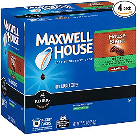 Maxwell House House Blend Decaf Coffee, Medium Roast, K-CUP Pods, 18 count (Pack Of 4)