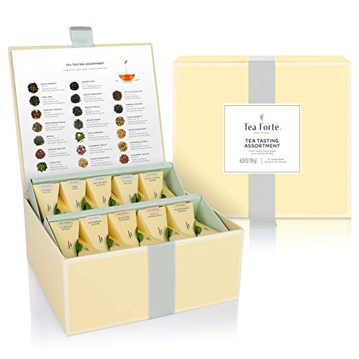 Tea Forté Tea Tasting Assortment Tea Chest Gift Box, 40 Handcrafted Pyramid Tea Infuser Bags - Assorted Variety Black Tea, Herbal Tea, Oolong Tea, Green Tea, White Tea