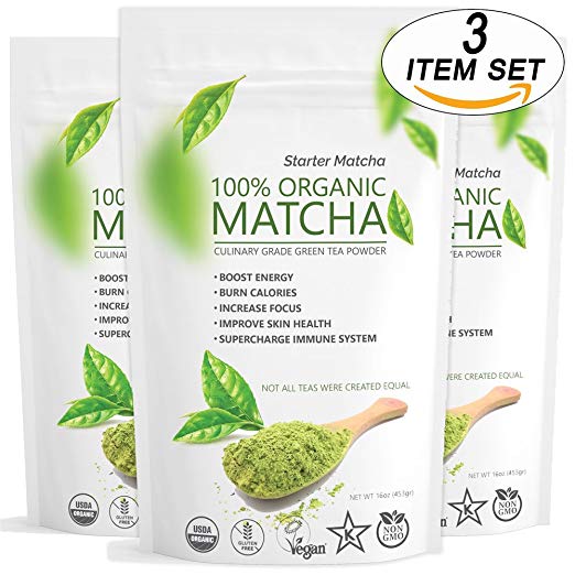 Starter Matcha (3x16oz) - Premium USDA Certified Organic, Pure Matcha Green Tea Powder, Incredible Flavor, Delicate Aroma, Natural Energy Booster and Fat Burner
