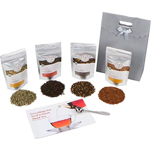 Golden Moon Tea - Tea Gift Set | 100% USDA Organic Loose Tea Gift Set | Robust Smooth Taste, No Bitterness! 48 Servings in 4 Popular All Natural Flavors | Plus Free Perfect Portion Teaspoon