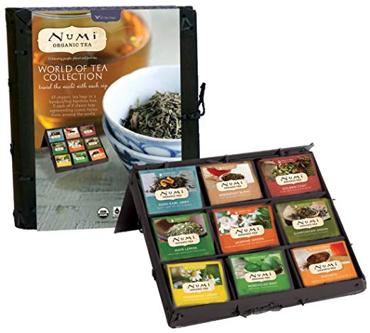 Numi Organic Tea World Of Tea Variety Gift Set, 45 Bags, Organic Tea Gift Box with Black, Green, Mate and Herbal Tea in Bamboo Chest, Individual Non-GMO Biodegradable Tea Bags (Packaging May Vary)