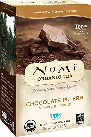 Numi Organic Tea Chocolate Pu-erh, 16 Bags, Black Pu-erh Tea in Non-GMO Biodegradable Bags, Premium Individually Bagged Tea, Organic Fermented Pu-erh Tea, Aged Pu-erh Tea