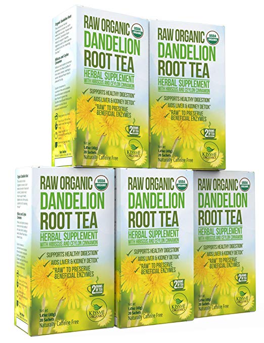 Dandelion Root Tea Detox Tea - Raw Organic Vitamin Rich Digestive - 5 Pack (100 Bags, 2g Each) - Helps Improve Digestion and Immune System - Anti-inflammatory and Antioxidant