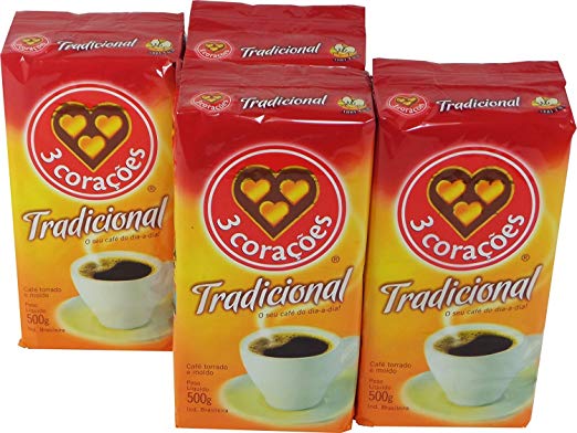 3 Coracoes Tradicional Brazilian Ground Coffee Vacuum Packed 500 grams (Pack of 4)