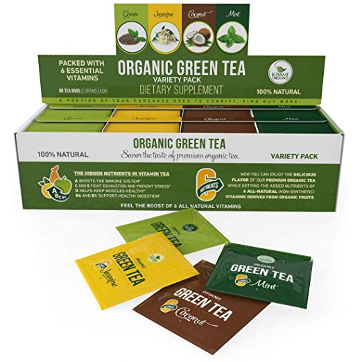 Kiss Me Organics Green Tea - Organic Teabags Variety Pack - Original, Jasmine, Chocolate and Mint - 80 Organic Tea Bags - 20 of Every Flavor (2 Grams each)