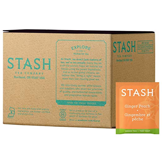 Stash Tea Ginger Peach Green Tea & Matcha Blend 100 Count Tea Bags in Foil (Packaging May Vary) Individual Green Tea Bags for Use in Teapots Mugs or Cups, Brew Hot Tea or Iced Tea