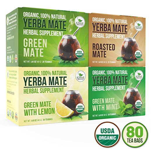 Organic Yerba Mate Tea Bags - Variety Pack - Mate Cocido - Natural Detoxifier - 80 Tea Bags - 20 of Each Flavor (2 grams each) Kiss Me Organics