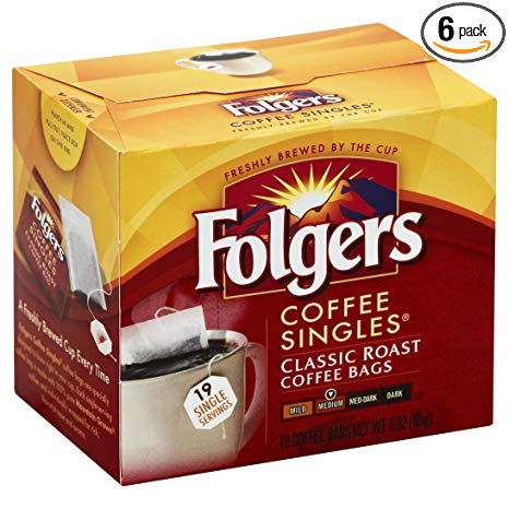 Folgers Classic Medium Roast Coffee Singles Serve Bags, 19 Count (Pack of 6)