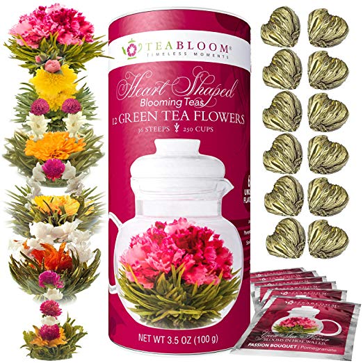 Teabloom Heart Shaped Flowering Tea – 12 Assorted Blooming Tea Flowers Gift Set – Green Tea + Jasmine, Pomegranate, Strawberry, Rose, Litchi & Peach – Unique Romantic Valentine Gift
