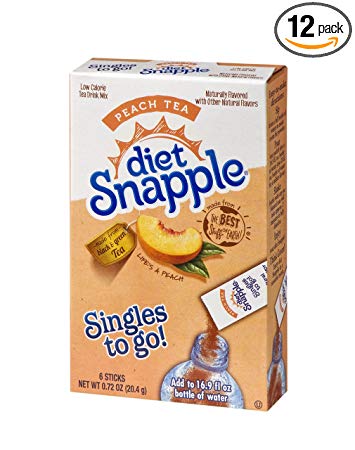 Diet Snapple Singles To Go Water Drink Mix - Peach Tea Flavored Powder Sticks (12 Boxes with 6 Packets Each - 72 Total Servings)
