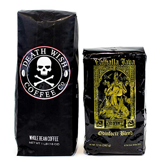 Death Wish & Valhalla Java Whole Bean Coffee Bundle Deal, USDA Certified Organic & Fair Trade (1 of Each Bag)