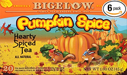 Bigelow Pumpkin Spice Tea 20-Count (Pack of 6) Caffeinated Individual Black Tea Bags, for Hot Tea or Iced Tea, Drink Plain or Sweetened with Honey or Sugar
