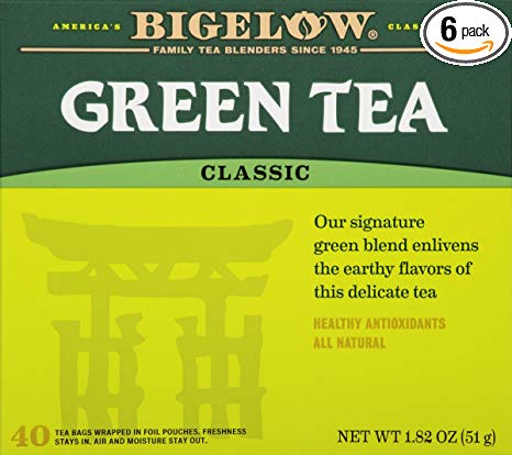 Bigelow Classic Green Tea Bags 40-Count Boxes (Pack of 6) Caffeinated Individual Green Tea Bags, for Hot Tea or Iced Tea, Drink Plain or Sweetened with Honey or Sugar