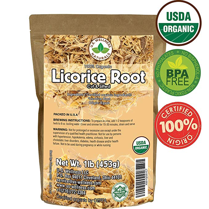 Licorice Root Tea 1LB (16Oz) 100% Certified Organic Licorice Root Cut and Sifted (Glycyrrhiza glabra), in 1 lbs. Bulk Resealable Kraft BPA Free Bags from U.S. Wellness Naturals